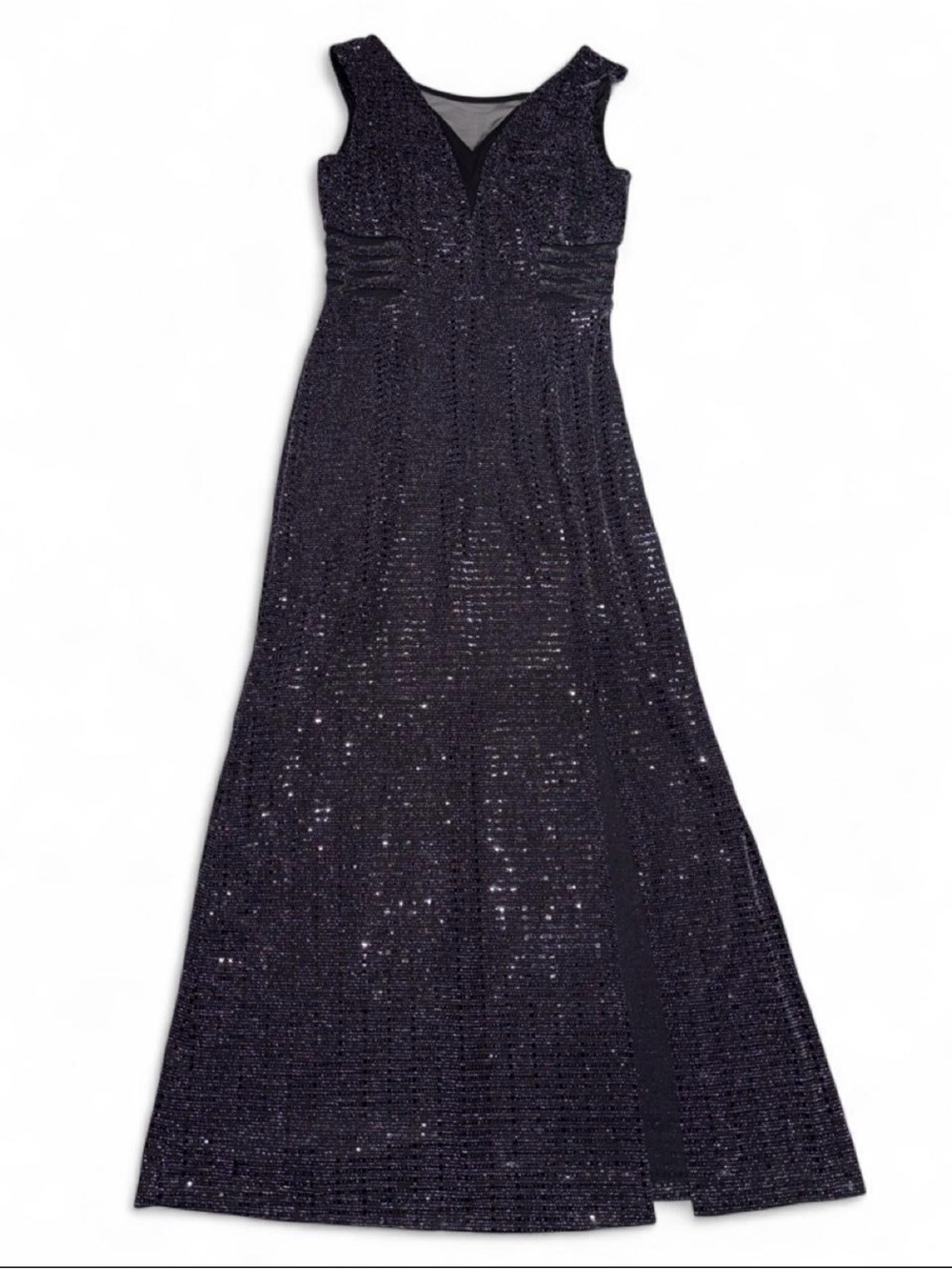 Women’s Black sequin evening dress with black sequins and mesh side detail ~M